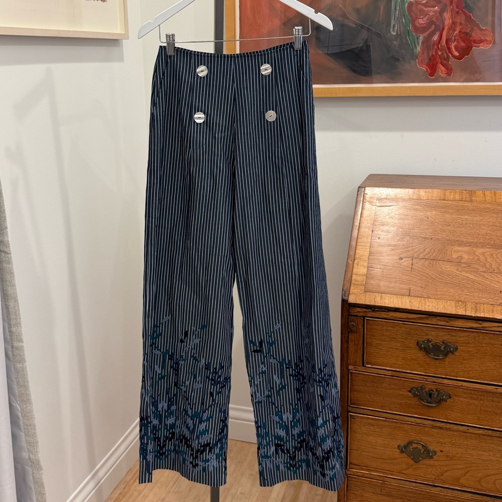 High-Waist Navy Pinstripe Wide-Leg Pants with Button Detail